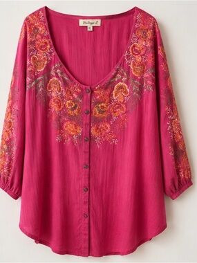 Vintage Button-Front Fuchsia Embroidered Peasant Blouse